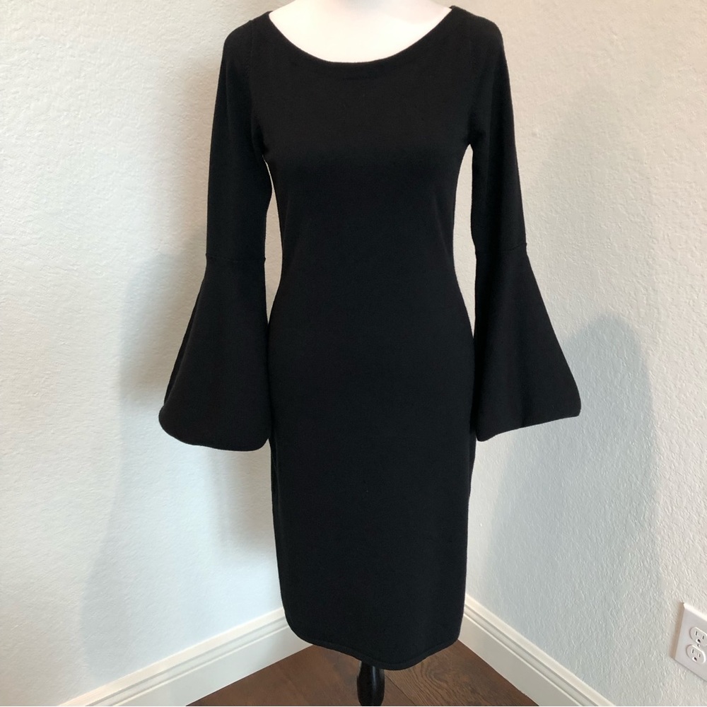 Eliza J Black Fitted Knit Sheath Dress with Long Bell Sleeves from Neiman Marcus